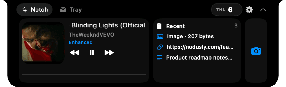 Nodusly notch with now playing, recent clipboard, and tray