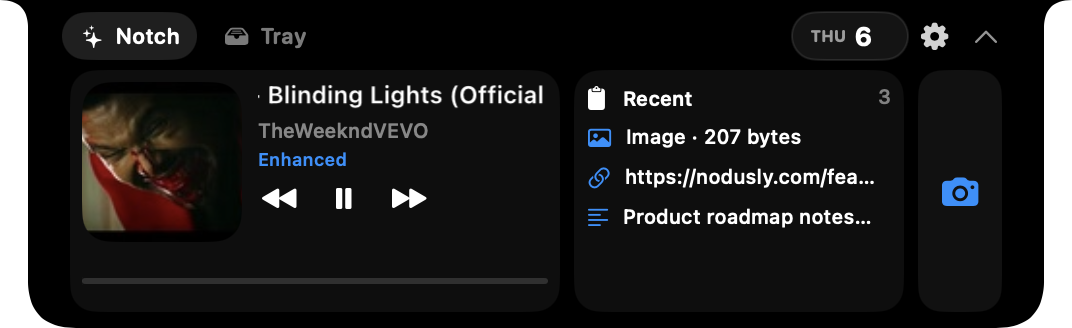 Nodusly notch with now playing, recent clipboard, and tray