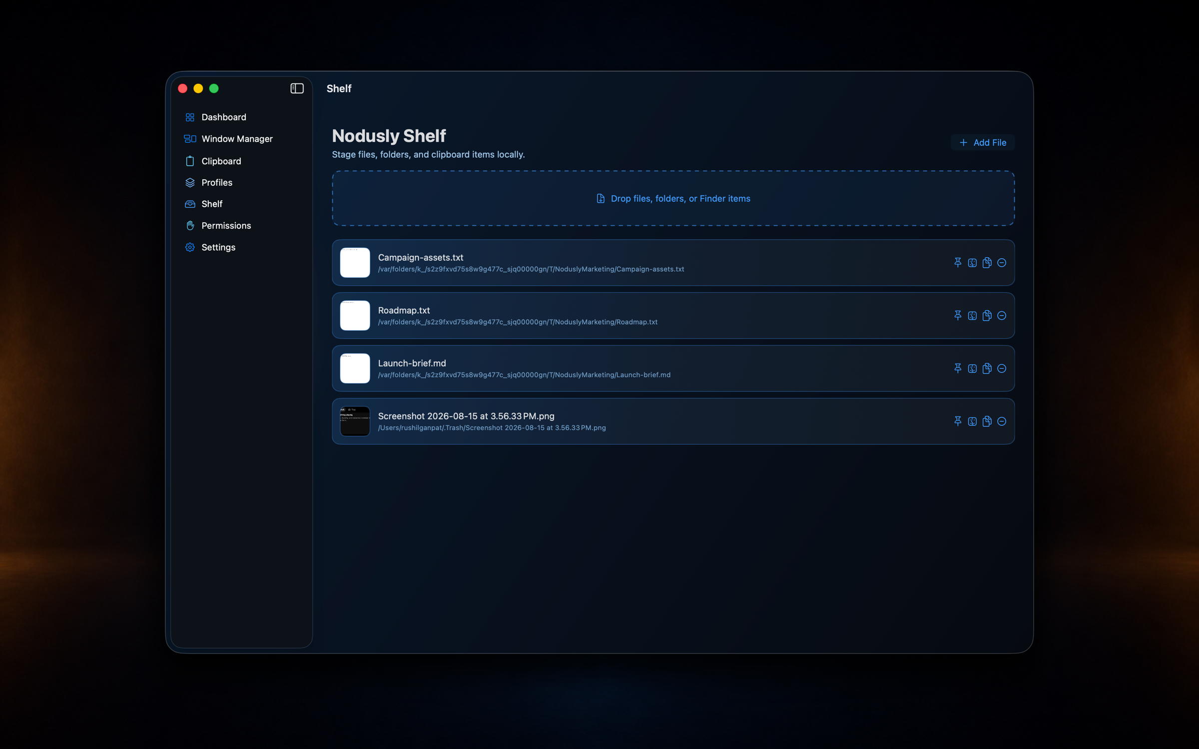 Nodusly shelf holding files in motion